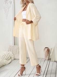 SHEIN Clasi Set de 2 piezas para mujer: Top de manga media color albaricoque con cinturón + Pantalones rectos de cintura elástica