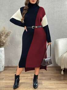 Calvaya 大码纯色拼接高领长袖简约休闲毛衣连衣裙，适合冬季 - 彩色 - 查看 7