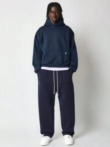 SUMWON 宽松运动裤，弹性脚踝抽绳腰部羊毛冬季运动休闲慢跑裤，健身训练家居服 - 藏蓝色 - 查看 3