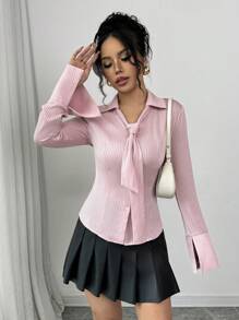Elenzga Women Casual Chic Commuting Satin Fabric Striped Shirt With Detachable Neck Tie, Waist Cinched, Flared Cuff Sleeves - Dusty Pink - View 1