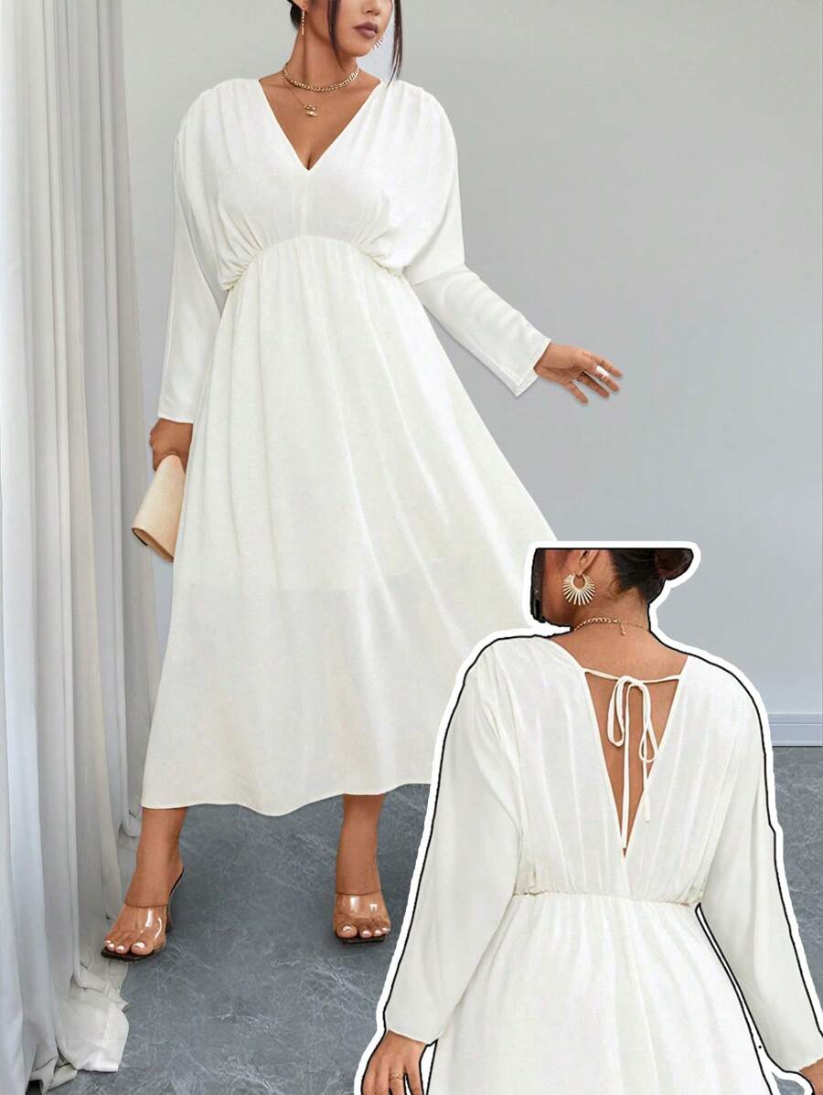 SHEIN Unity 大码女式 V 领蝙蝠袖纯色收腰连衣裙，优雅秋季 - 米色 - 查看 1