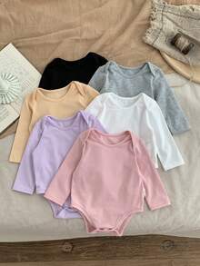 SHEIN Bộ đồ liền thân dài tay cổ tròn dệt kim cho bé gái sơ sinh/Unisex, Mua 1 tặng 5 - màu đen - Xem 3