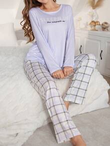 Bộ đồ ngủ in chữ và kẻ caro 2 món cho nữ - Nhiều màu - Xem 4