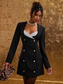 COSMINA Women Elegant Color Blocking Lace Patchwork Double-Breasted Mini Dress, Autumn - Black and White - View 4