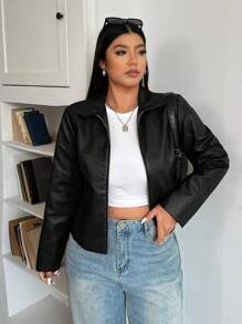 SHEIN EZwear 大码女式黑色休闲拉链长袖夹克，适合冬季 - 黑色 - 查看 4