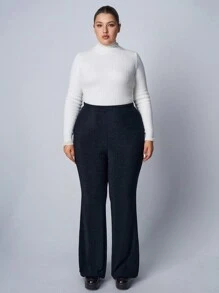 SHEIN EZwear Plus Size Glossy Elastic Knit Flare Pants, Suitable For Party - Silver - View 3