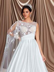 Glamrae 优雅奢华奶油色缎面蕾丝拼布单肩大灯笼袖大裙，适合婚礼、活动、派对和度假 - 米色 - 查看 2