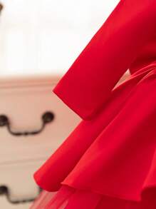 SHEIN Glamorique Kids Christmas Princess Girls Dress, Formal Gown For Party, Autumn/Winter, Long Sleeve Satin Dress With Bow Mesh Tutu Skirt, For Toddler/Baby Girl - Burgundy - View 6