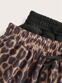 SHEIN EZwear Women's New Solid And Leopard Print Track Pants, 2 Packs - Black - View 7