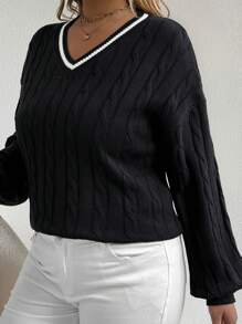 Vionelle Plus Size Women Striped V-Neck Long Sleeve Pullover Sweater, Autumn/Winter Knit Pullover Fall Outfit - Black - View 3