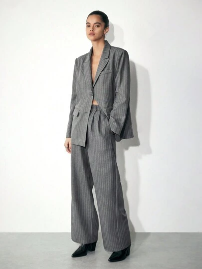 Maija 女士灰色条纹收腰弹力宽松阔腿休闲时尚裤，秋冬