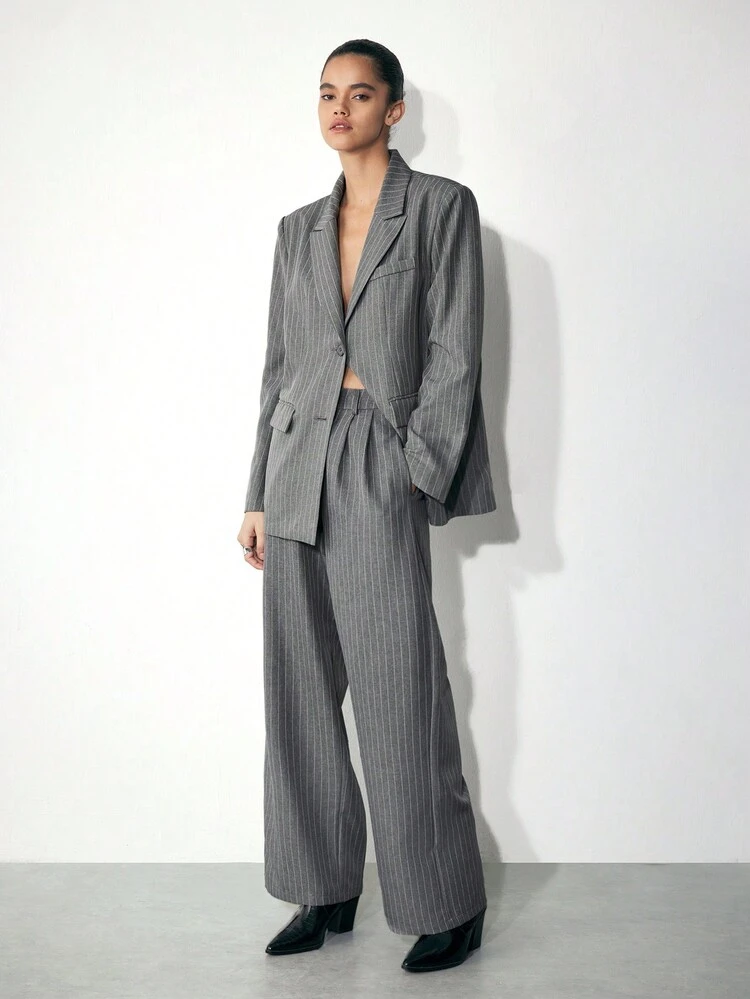 SHEIN Maija Damskie szare, prążkowane, wpuszczane w pas, elastyczne, luźne, szerokie nogawki, modne spodnie na co dzień, jesień/zima