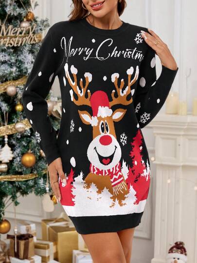 SHEIN Essnce 女士圣诞毛衣女士圣诞针织连衣裙驯鹿雪花圣诞连衣裙女士圣诞毛衣丑陋圣诞毛衣毛衣圣诞服装女士搞笑卡通麋鹿印花长袖毛衣连衣裙秋冬
