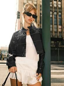 SHEIN EZwear 黑色 PU 对比色侧缝插肩袖短款夹克 - 黑色 - 查看 4