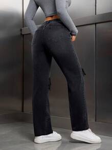 SHEIN Tall Quần Jeans Denim Nữ Thường Ngày Có Túi Cài Nút Phía Trước, Kiểu Dáng Cơ Bản - màu đen - Xem 2