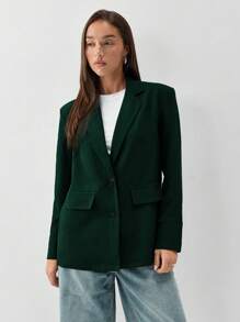 TRNVIE Loose Casual Solid Color Long Sleeve Office/Work Blazer - Dark Green - View 4