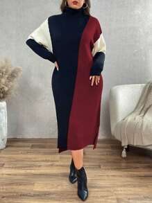 Calvaya 大码纯色拼接高领长袖简约休闲毛衣连衣裙，适合冬季 - 彩色 - 查看 4