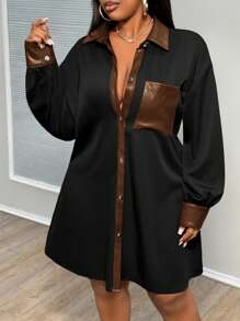 Slaydiva Koszula damska PU Patchwork w kolorze bloku, w stylu casual, w dużych rozmiarach