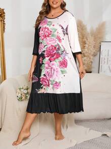 Plus Size Butterfly & Floral Contrast Color Block Ruffle Hem Nightgown - Multicolor - View 3