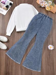 Sparklyn 2 pièces Ensemble de tenues pour jeune fille avec sweat-shirt blanc à fleurs et jean en denim évasé bleu, automne/hiver - Blanc - Voir 2