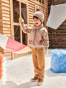 SHEIN Bộ đồ ấm áp dài tay in họa tiết hoạt hình dễ thương cho bé trai và quần ống đứng lót lông, thời trang cho mùa thu/đông - Nhiều màu - Xem 8