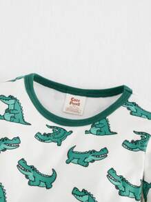 Cozy Pixies 2pcs Young Boy Snug Fit Cartoon Crocodile Pattern Color Block Soft Knit Crew Neck Long Sleeve Top And Pants Pajama Set