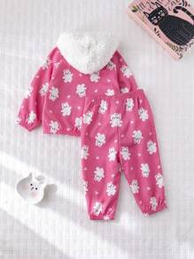 Cozy Pixies 2 pezzi/Set, maglioncino con cappuccio e pantaloni jogger, stampa coniglietto per bebè ragazza, abbigliamento invernale foderato termico