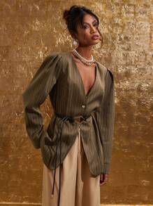 COSMINA 女式前扣长袖条纹简约休闲西装外套（秋冬款） - 咖啡棕 - 查看 5