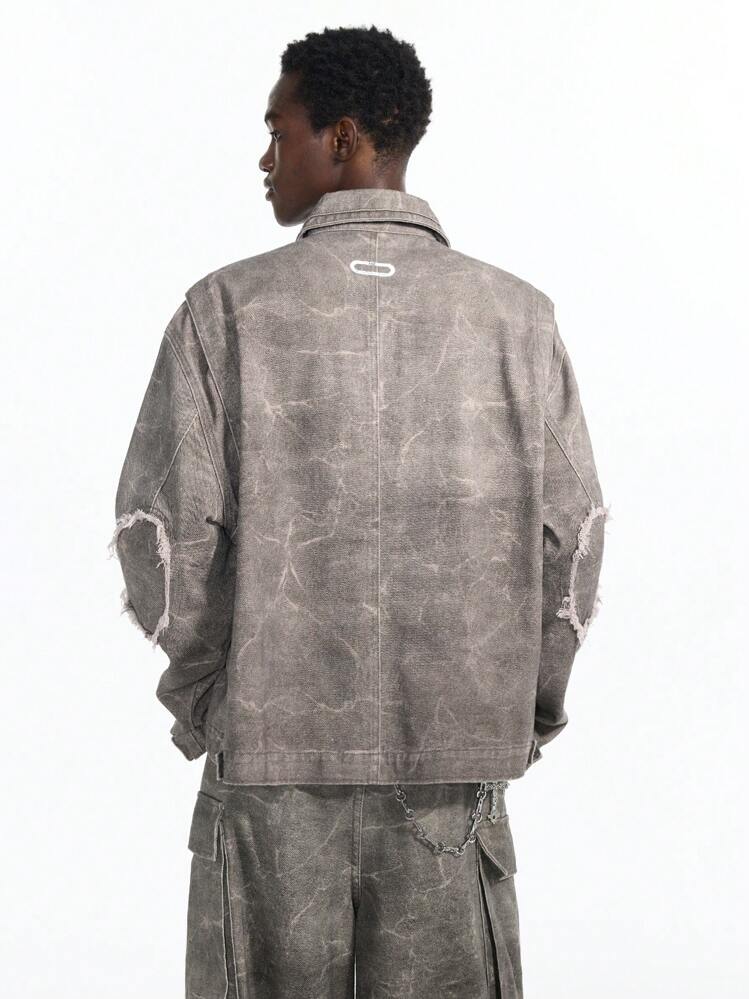 NEON BLANC Herren Lose gewebter Baumwoll Jeans Jacke mit langen Ärmeln aus dunklem Denim und Buchstaben Patch - Braun - Übersicht 3