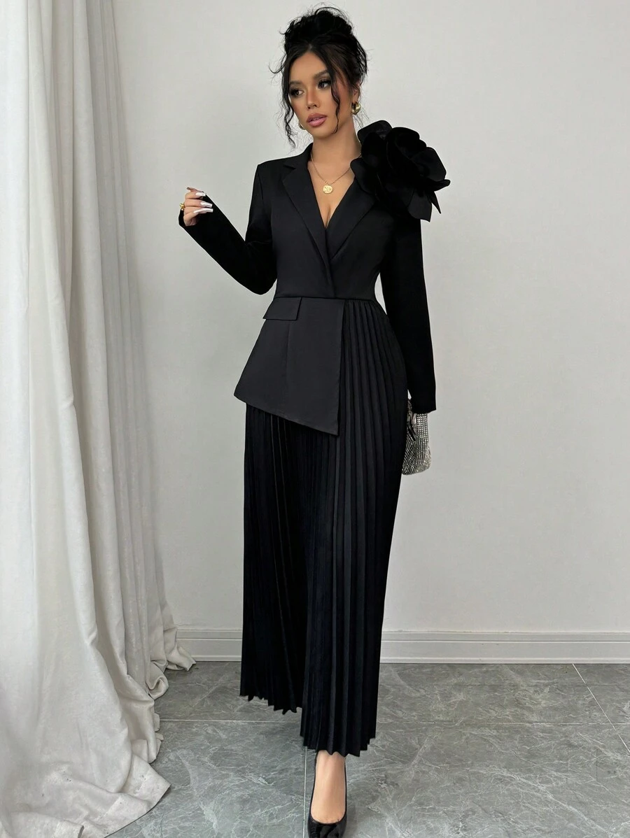 Rafferiza 1 件女式优雅黑色长袖翻领花卉装饰不对称口袋盖设计褶皱下摆连衣裙长款女装 - 黑色 - 查看 1