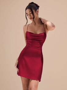 Glamine 1 件女式纯色交叉后背锁眼前开衩迷你性感吊带连衣裙，春夏复古连衣裙，情人节约会连衣裙 - 紅色 - 查看 5
