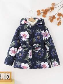 Tween Girls Loose Casual Floral Print Drawstring Hooded Thick Warm Jacket, Autumn/Winter - Blue - View 3