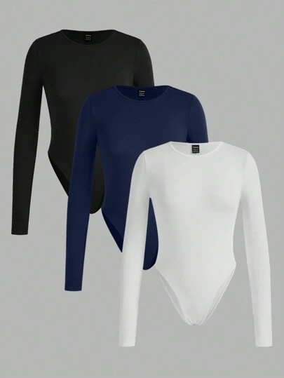 SHEIN EZwear 3 peças/conjunto casual gola redonda manga comprida bodysuit ajustado para mulheres, adequado para primavera/verão/outono