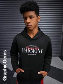 Sudadera con capucha de manga larga casual con estampado de letras para adolescentes varones