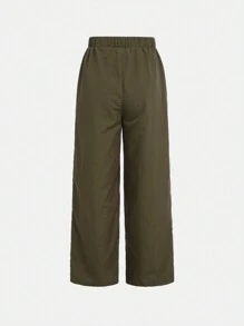 SHEIN Leap Crew 3pcs/Set Tween Girl Solid Color Crochet Pattern Tank Top & Hollow Out T-Shirt And Casual Pants - Army Green - View 4