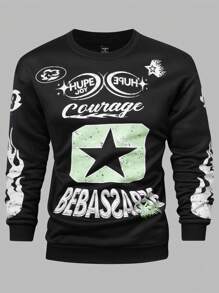 Manfinity Homme Áo nỉ chui đầu dài tay in chữ và ngôi sao mùa thu cho nam - màu đen - Xem 1