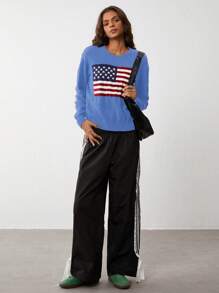 Flirla Women US Flag Pattern Round Neck Drop Shoulder Long Sleeve Casual Sweater, Autumn/Winter Knit Pullover Fall - Blue - View 4