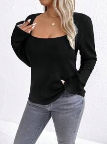 Calvaya Camiseta de manga larga sexy de ajuste ceñido con cuello cuadrado de unicolor para tallas grandes - Negro - Ver 4