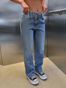 SHEIN Cottnline 100% Cotton HIGH RISE ASYMMETRIC BELT STRAIGHT CUT JEAN - Medium Wash - View 3