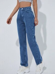 SHEIN PETITE Dames Hoge Taille Zakken Rechte Pijp Losse Casual Veelzijdige Denim Jeans