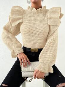 Chiquease Women's Plain Color Ruffle Collar Splice Flounce Hem Long Sleeve Sweater, Autumn/Winter Knit Pullover Fall - Beige - View 5