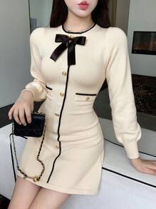DAZY 女士优雅拼色修身毛衣裙，适合秋冬季，秋季女装 - 米色 - 查看 7