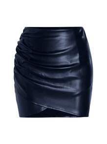 女士秋冬休闲纯色裹身褶饰紧身迷你裙 - 藏蓝色 - 查看 4