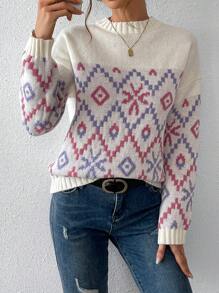 Chiquease Women Winter Cute Geo Pattern Crew Neck Long Sleeve Casual Sweater - Apricot - View 8