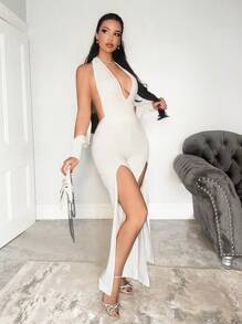 Zolique 1pc Solid Color Halter Slit To Thigh Tight Sexy Jumpsuit With Long Sleeve Fall Cloth For Women - White - View 4