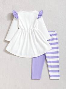 Baby Girls Set With 3D Unicorn Print Ruffle Top And Striped Pants, Autumn/Winter Outfit - Purple - View 2