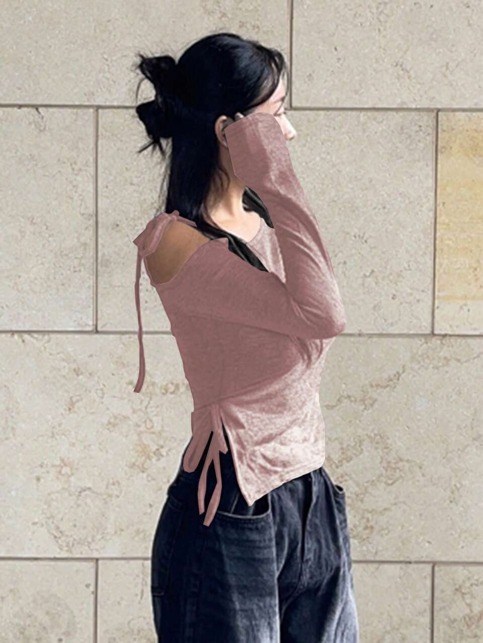 Women Casual Tie Front Oblique Shoulder Long Sleeve T-Shirt, Minimalist Style For Everyday Wear,Off Shoulder Top,Fall Women Clothes Cute Tops