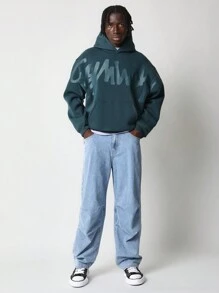 SUMWON 舒适街头连帽衫，带有时尚涂鸦品牌印花，秋冬休闲套头衫，都市时尚运动衫，带中央口袋 - 綠色 - 查看 1