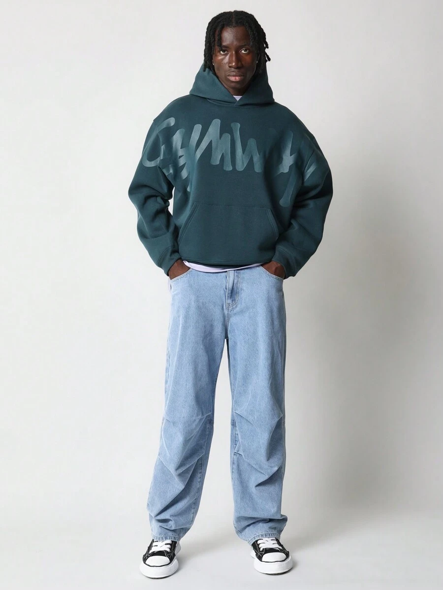 SUMWON 舒适街头连帽衫，带有时尚涂鸦品牌印花，秋冬休闲套头衫，都市时尚运动衫，带中央口袋 - 綠色 - 查看 1