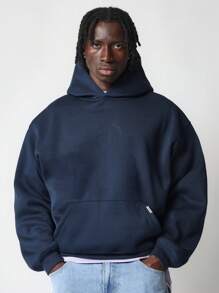 SUMWON Winter Comfort Pullover Hoodie Minimalist Logo Embossed Design Kangaroo Pocket Classic Athletic Casual Sweatshirt Perfect Layering Active Wear - Navy Blue - View 2